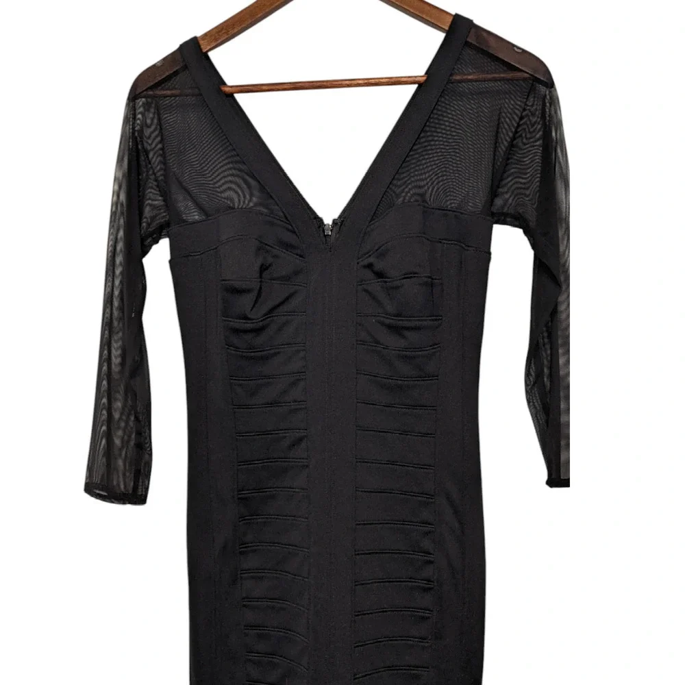 Tadashi Shoji Black Illusion Yoke Bandage Stretch Cocktail Evening Dress XS LBD - Picture 7 of 11